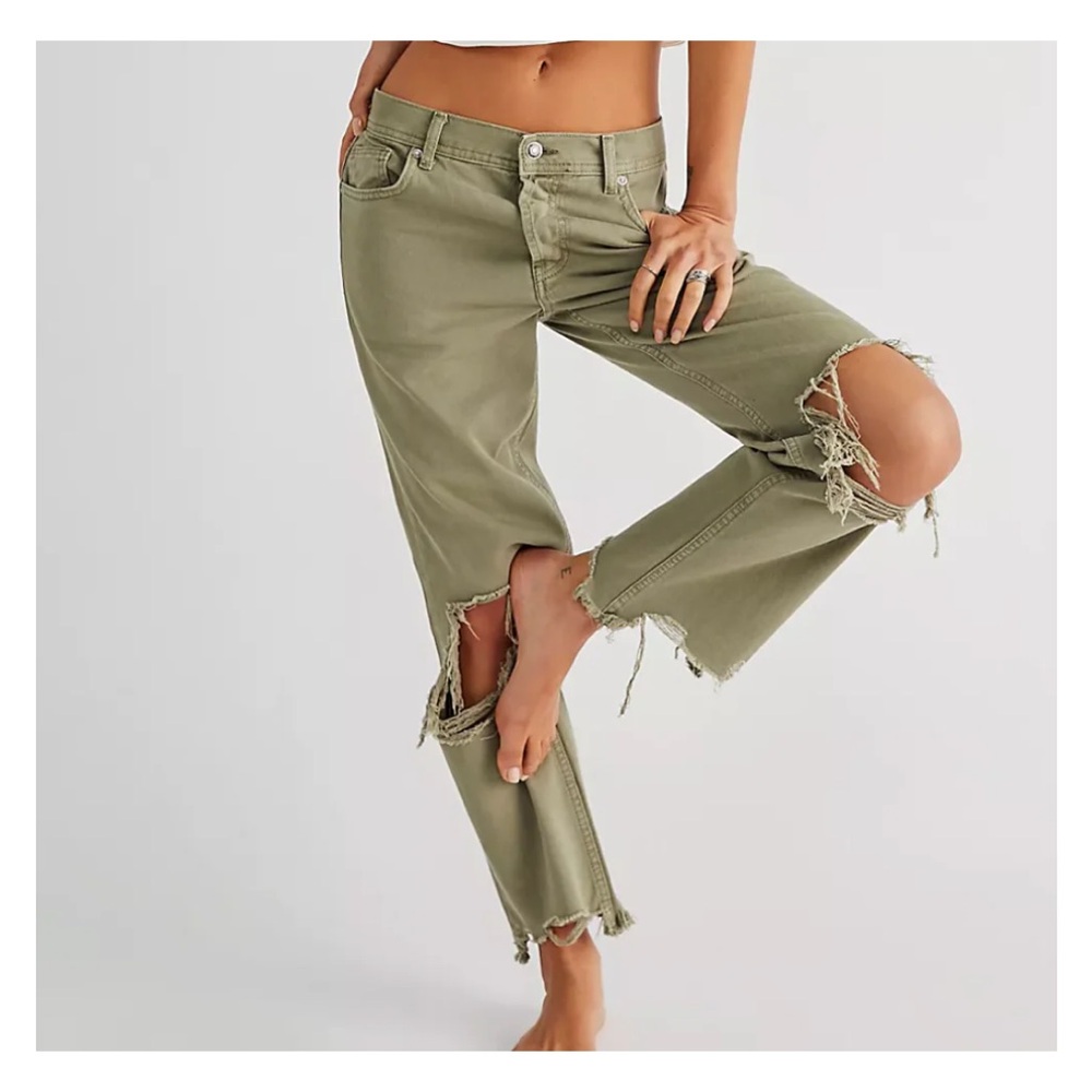 Free People Olive Distressed Straight Leg Pants